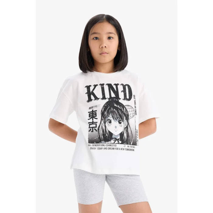 Defacto E7317 Ekru Kız Çocuk Pamuklu 2li Takım Baskılı Kısa Kollu Tişört Biker Tayt