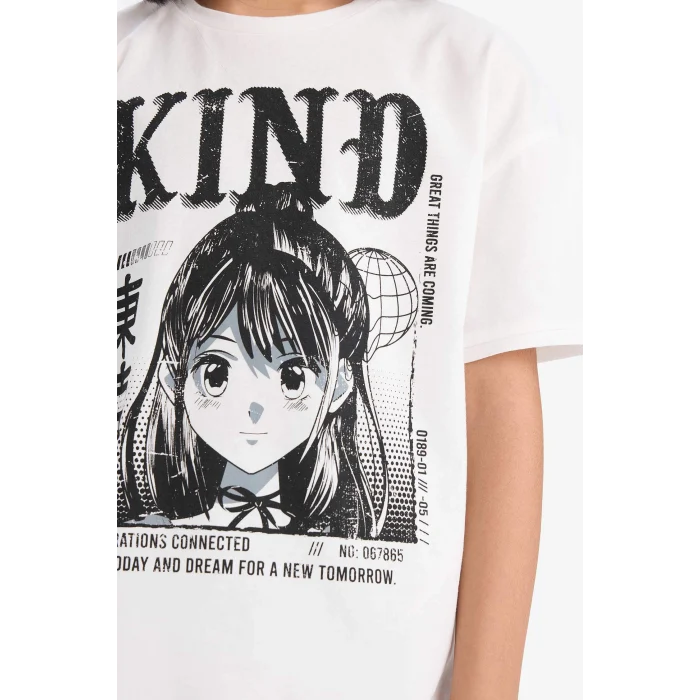 Defacto E7317 Ekru Kız Çocuk Pamuklu 2li Takım Baskılı Kısa Kollu Tişört Biker Tayt