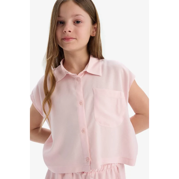 Defacto D7644 Pembe Kız Çocuk Cropped Fit Pamuklu Kısa Kollu Gömlek