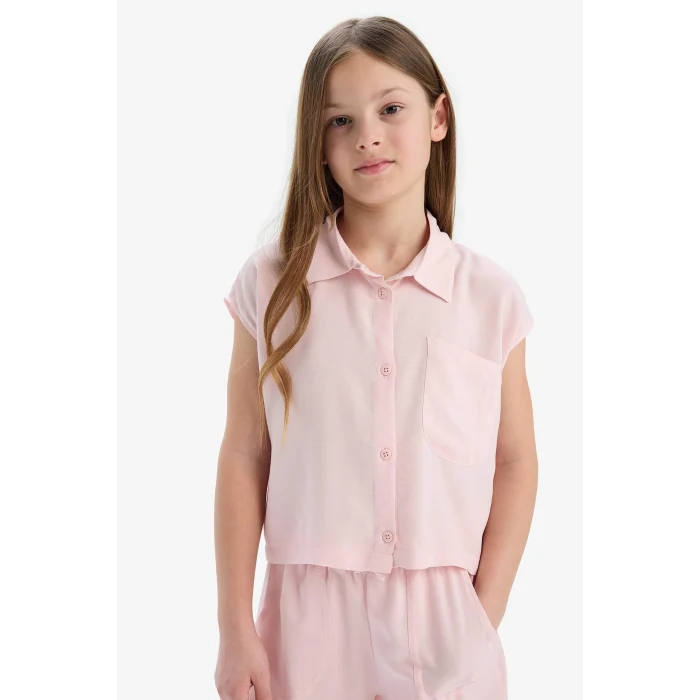 Defacto D7644 Pembe Kız Çocuk Cropped Fit Pamuklu Kısa Kollu Gömlek