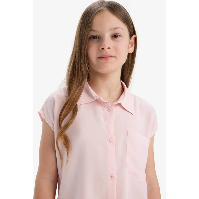 Defacto D7644 Pembe Kız Çocuk Cropped Fit Pamuklu Kısa Kollu Gömlek