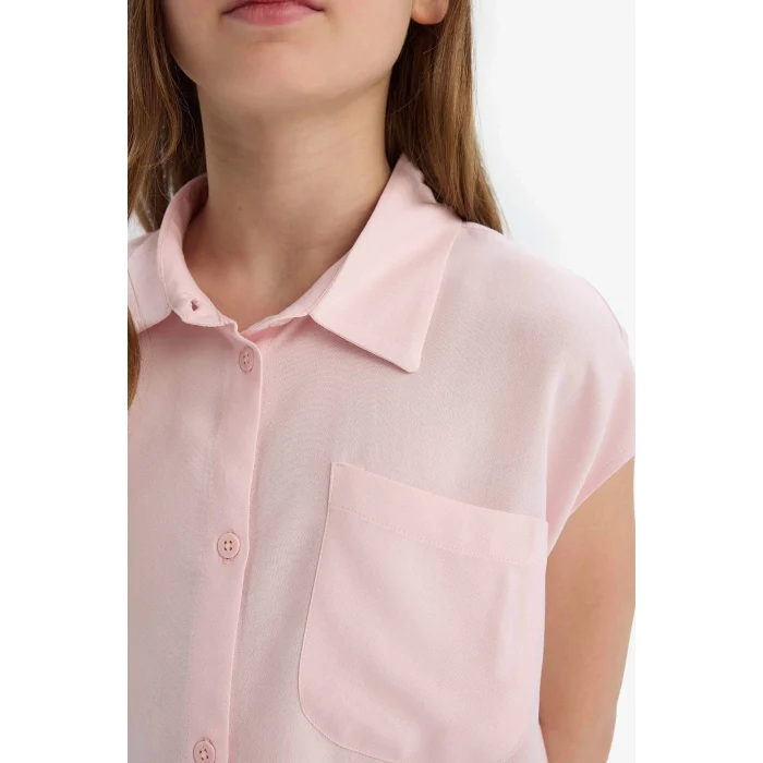 Defacto D7644 Pembe Kız Çocuk Cropped Fit Pamuklu Kısa Kollu Gömlek