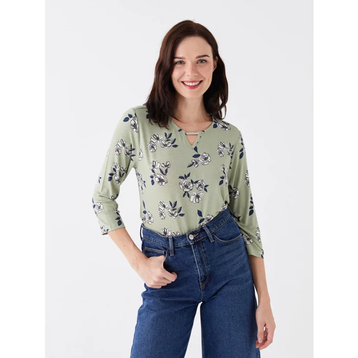 LCW Grace Yeşil Bisiklet Yaka Çiçekli Kadın Bluz