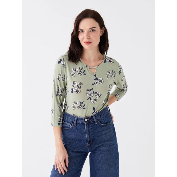 LCW Grace Yeşil Bisiklet Yaka Çiçekli Kadın Bluz