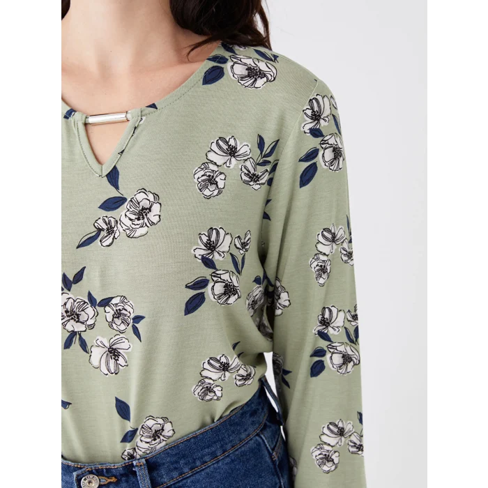 LCW Grace Yeşil Bisiklet Yaka Çiçekli Kadın Bluz