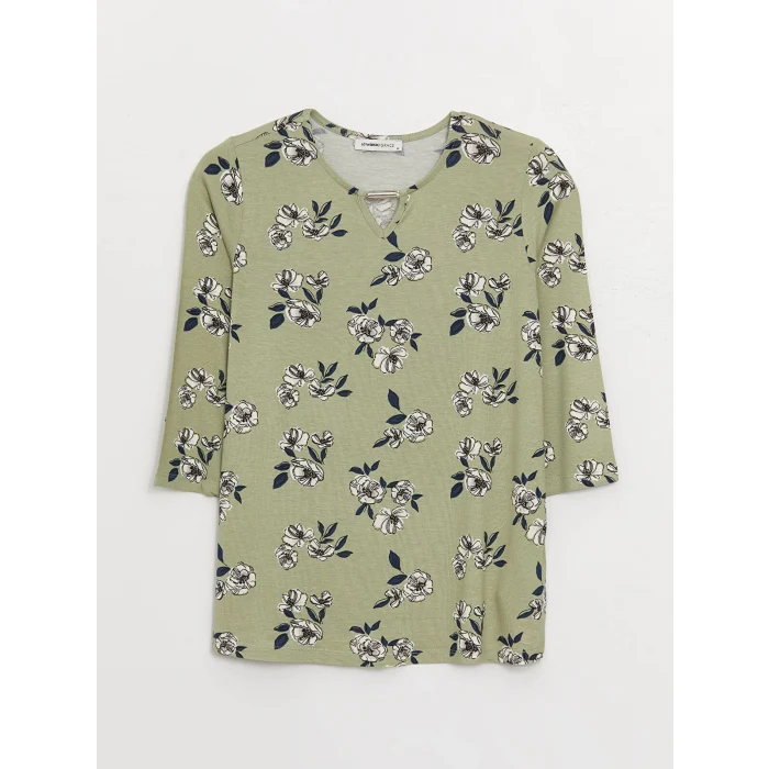 LCW Grace Yeşil Bisiklet Yaka Çiçekli Kadın Bluz