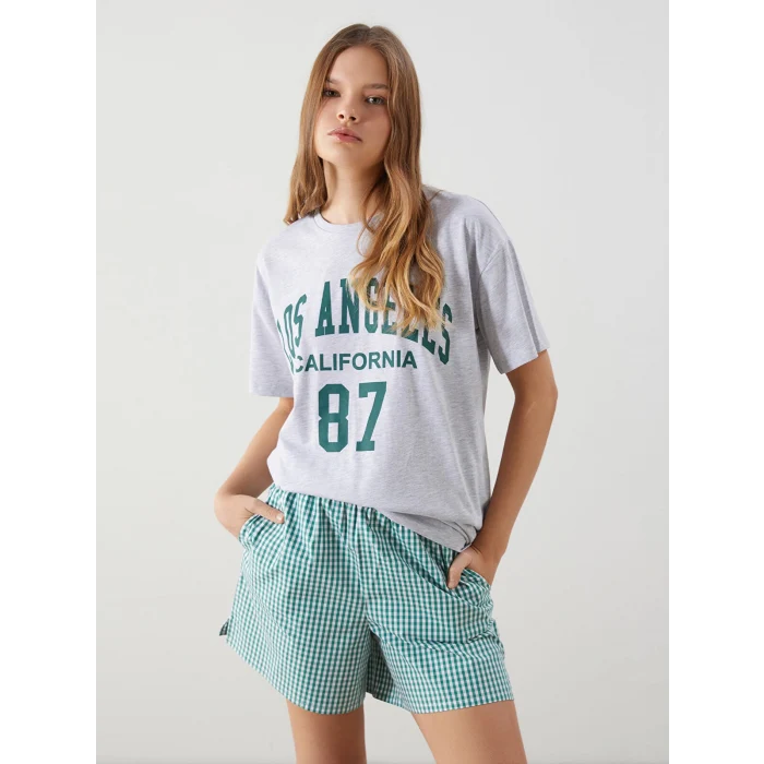 XSIDE Gri Bisiklet Yaka Los Angeles Baskılı Kadın Tişört