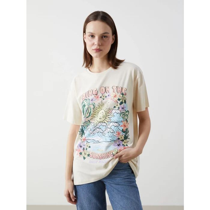 XSIDE Bej Bisiklet Yaka Baskılı Kadın Tişört