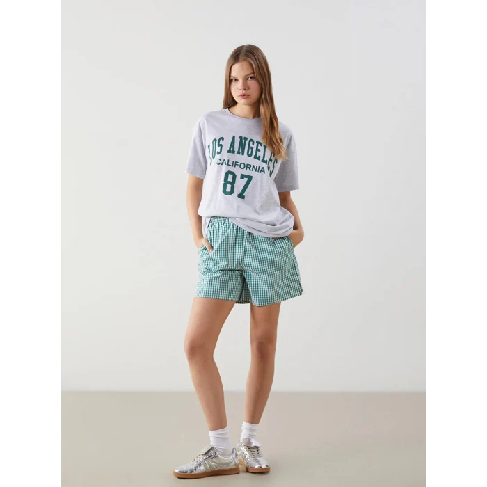 XSIDE Gri Bisiklet Yaka Los Angeles Baskılı Kadın Tişört