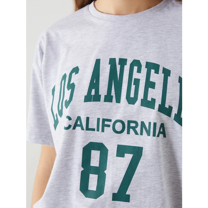 XSIDE Gri Bisiklet Yaka Los Angeles Baskılı Kadın Tişört