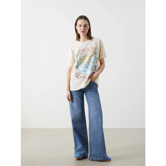 XSIDE Bej Bisiklet Yaka Baskılı Kadın Tişört