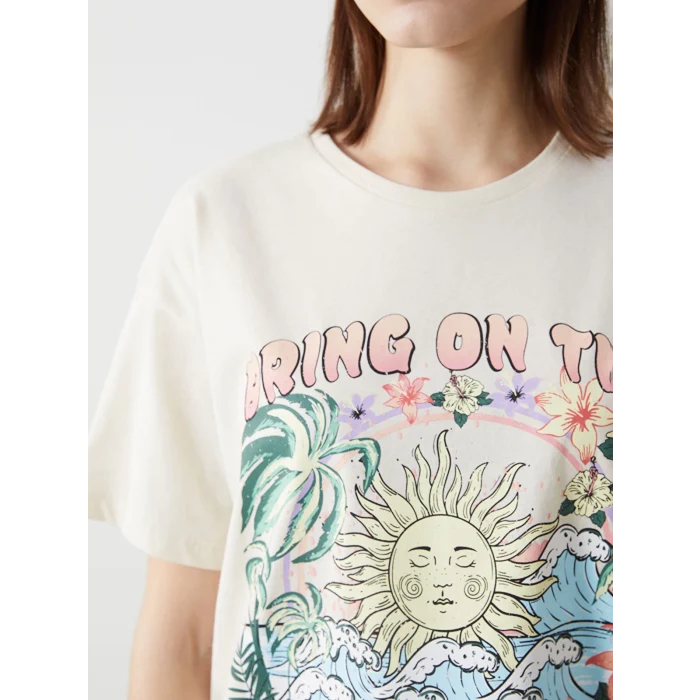 XSIDE Bej Bisiklet Yaka Baskılı Kadın Tişört