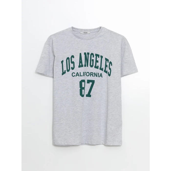 XSIDE Gri Bisiklet Yaka Los Angeles Baskılı Kadın Tişört
