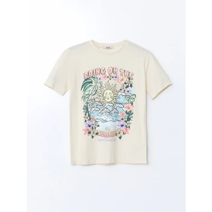 XSIDE Bej Bisiklet Yaka Baskılı Kadın Tişört