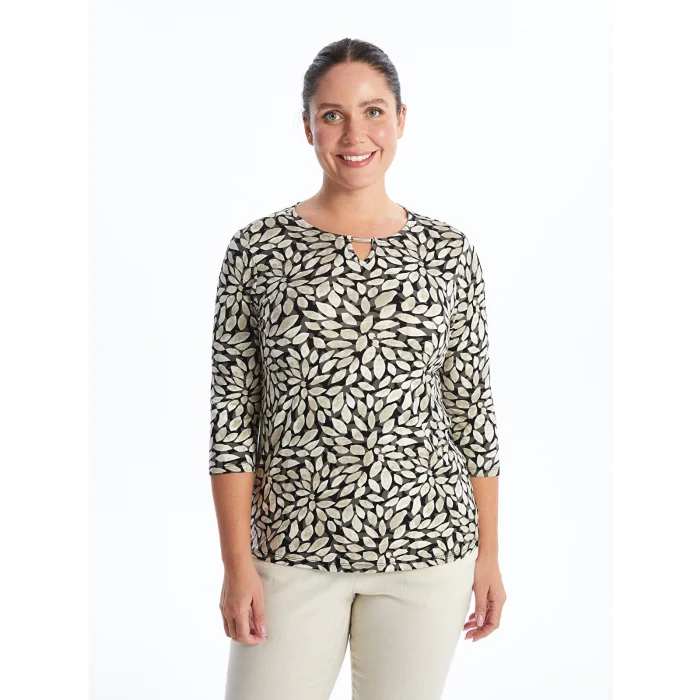 LCW Grace Siyah Bisiklet Yaka Desenli Kadın Tişört