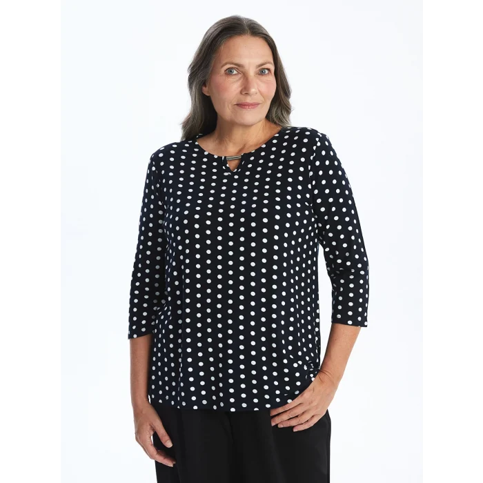 LCW Grace Lacivert Bisiklet Yaka Puantiye Desenli Kadın Tişört