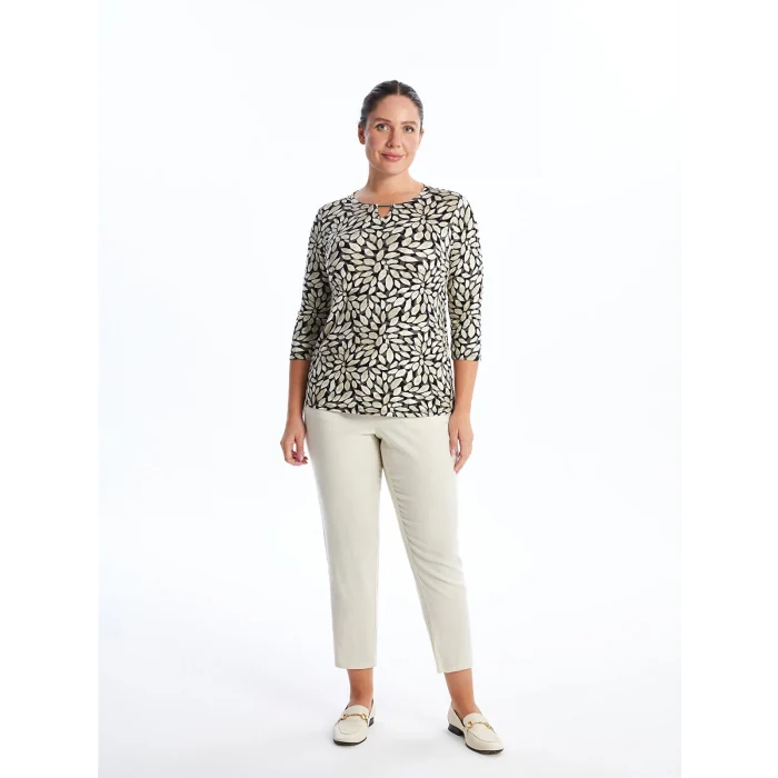 LCW Grace Siyah Bisiklet Yaka Desenli Kadın Tişört