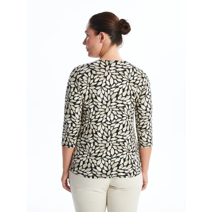 LCW Grace Siyah Bisiklet Yaka Desenli Kadın Tişört
