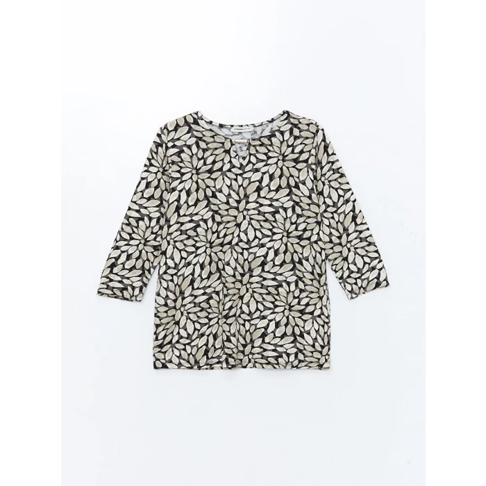 LCW Grace Siyah Bisiklet Yaka Desenli Kadın Tişört