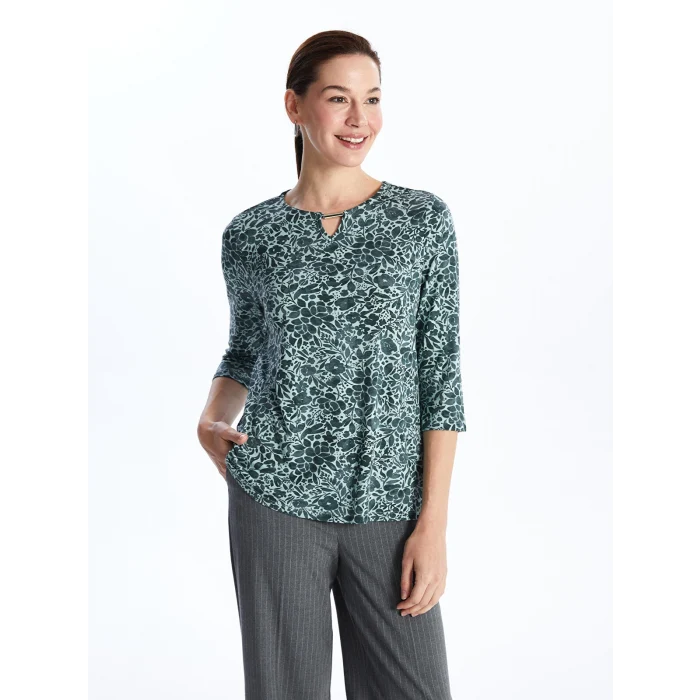 LCW Grace Yeşil Bisiklet Yaka Çiçekli Kadın Bluz