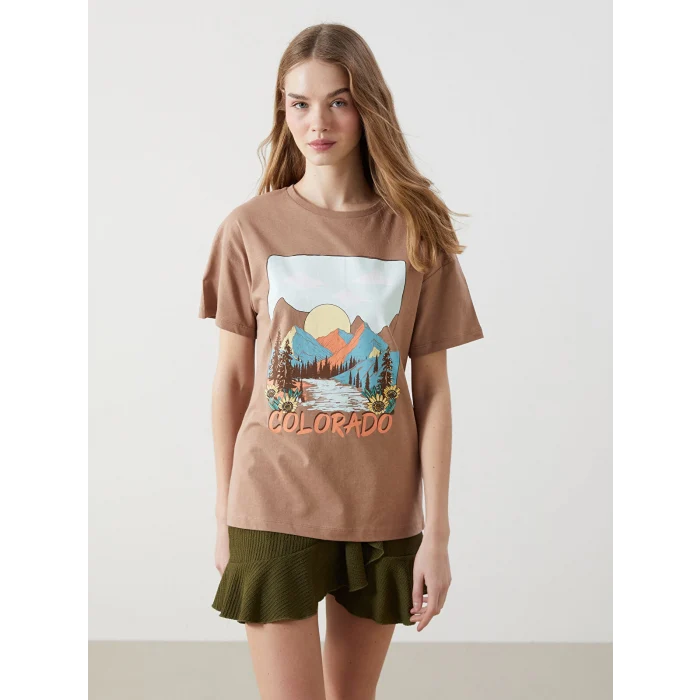 XSIDE Kahverengi Bisiklet Yaka Colorado Baskılı Kadın Tişört