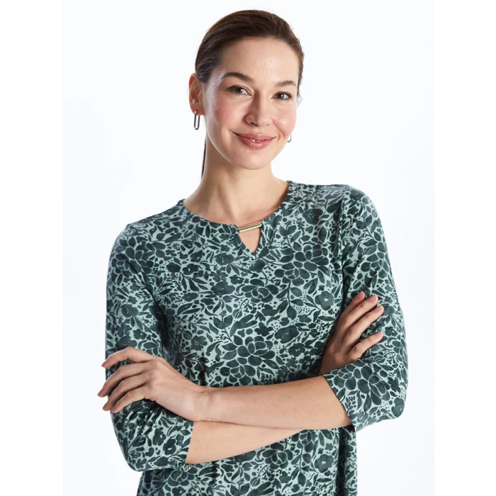 LCW Grace Yeşil Bisiklet Yaka Çiçekli Kadın Bluz