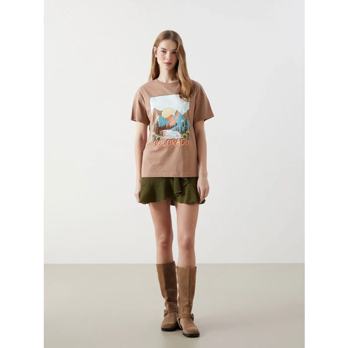 XSIDE Kahverengi Bisiklet Yaka Colorado Baskılı Kadın Tişört