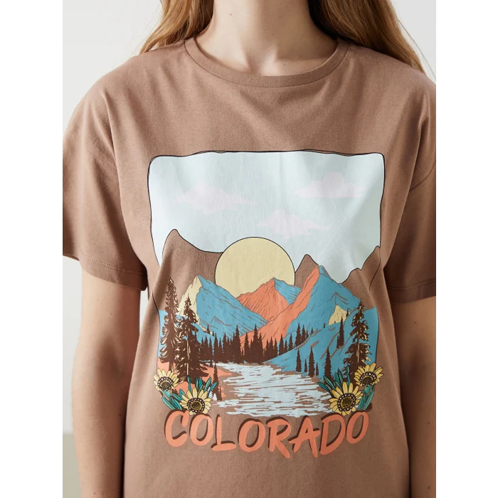 XSIDE Kahverengi Bisiklet Yaka Colorado Baskılı Kadın Tişört