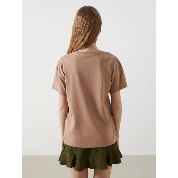 XSIDE Kahverengi Bisiklet Yaka Colorado Baskılı Kadın Tişört