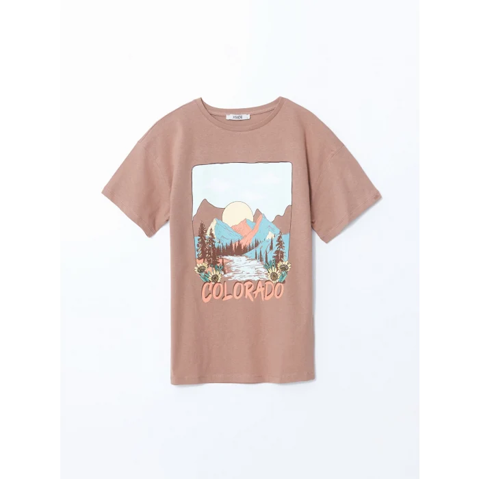 XSIDE Kahverengi Bisiklet Yaka Colorado Baskılı Kadın Tişört