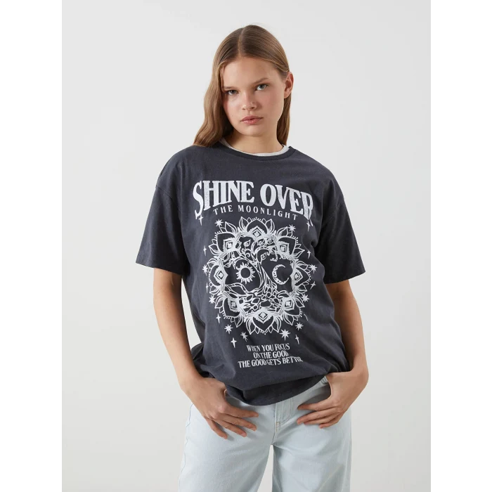 XSIDE Gri Bisiklet Yaka Baskılı Kadın Tişört