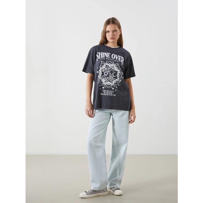 XSIDE Gri Bisiklet Yaka Baskılı Kadın Tişört