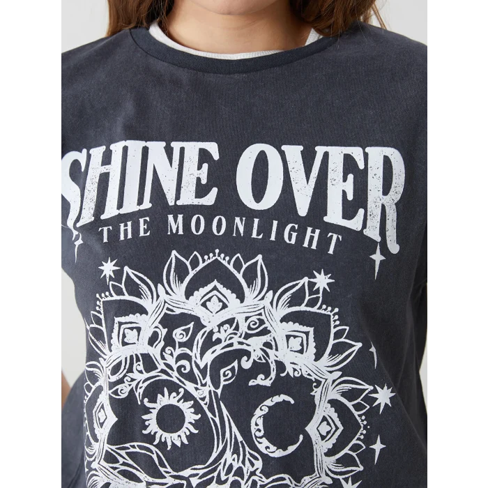 XSIDE Gri Bisiklet Yaka Baskılı Kadın Tişört