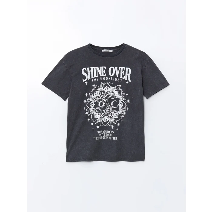 XSIDE Gri Bisiklet Yaka Baskılı Kadın Tişört