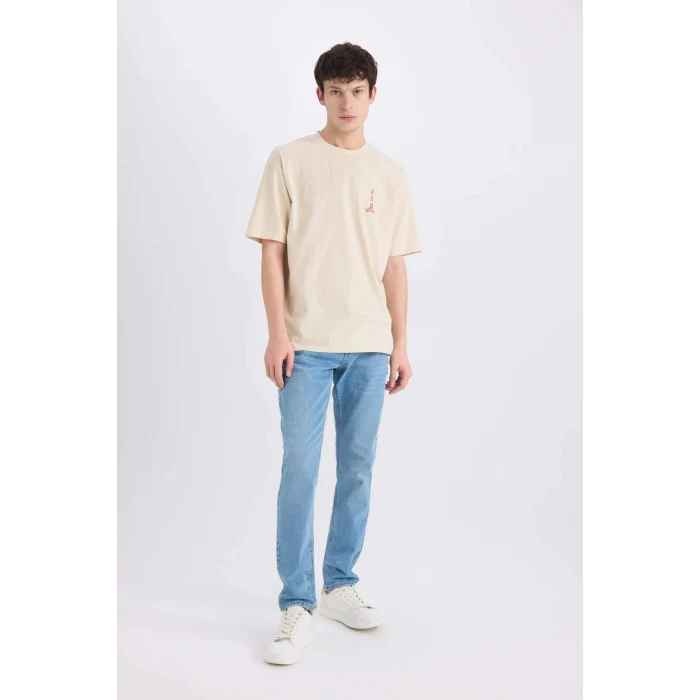 Defacto E0906 Bej %100 Pamuk Boxy Fit Bisiklet Yaka Sırt Baskılı Kısa Kollu Tişört