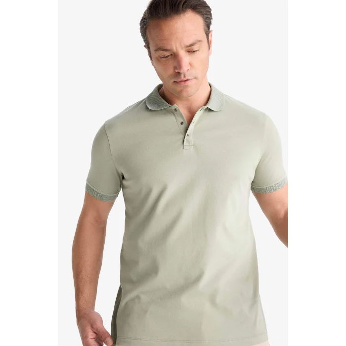 Defacto T5259 Haki Slim Fit Dar Kesim Kısa Kollu Dokulu Basic Düz Polo Tişört