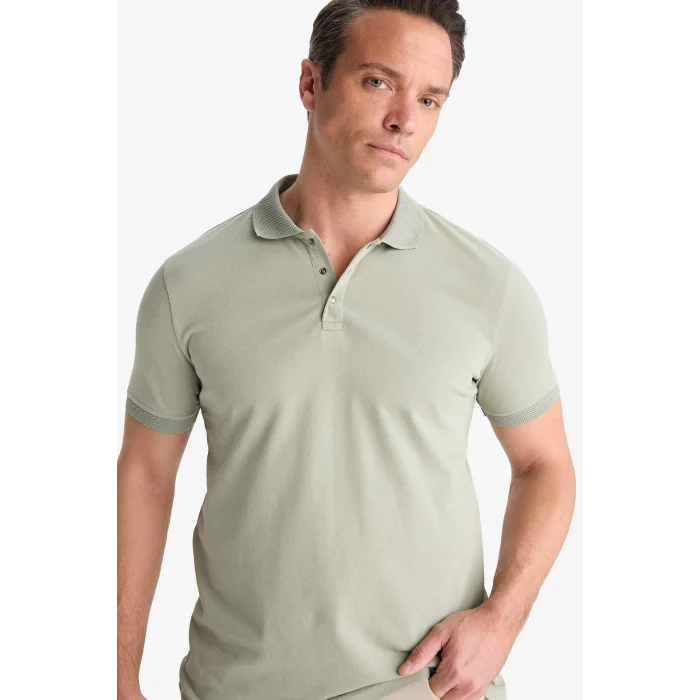 Defacto T5259 Haki Slim Fit Dar Kesim Kısa Kollu Dokulu Basic Düz Polo Tişört