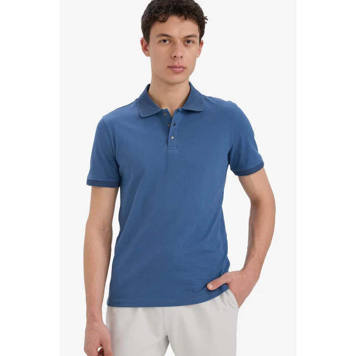 Defacto T5259 İndigo Slim Fit Dar Kesim Kısa Kollu Dokulu Basic Düz Polo Tişört