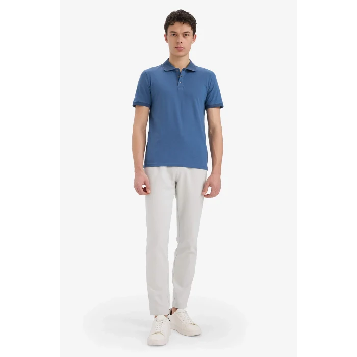 Defacto T5259 İndigo Slim Fit Dar Kesim Kısa Kollu Dokulu Basic Düz Polo Tişört