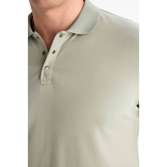 Defacto T5259 Haki Slim Fit Dar Kesim Kısa Kollu Dokulu Basic Düz Polo Tişört