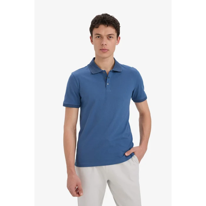 Defacto T5259 İndigo Slim Fit Dar Kesim Kısa Kollu Dokulu Basic Düz Polo Tişört