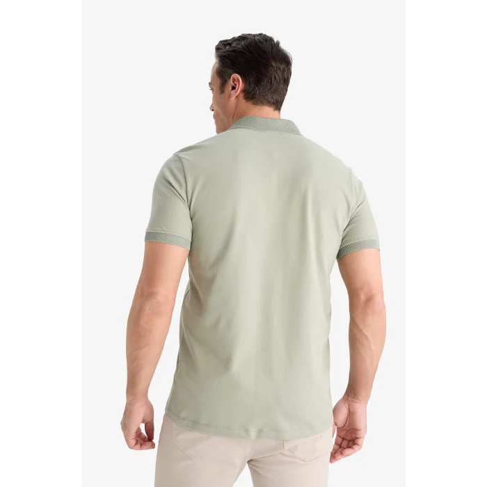 Defacto T5259 Haki Slim Fit Dar Kesim Kısa Kollu Dokulu Basic Düz Polo Tişört