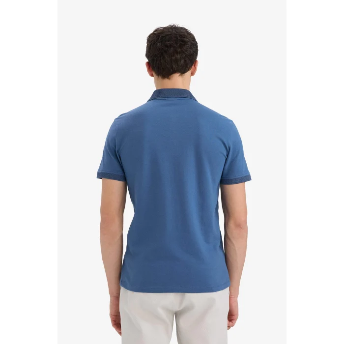 Defacto T5259 İndigo Slim Fit Dar Kesim Kısa Kollu Dokulu Basic Düz Polo Tişört
