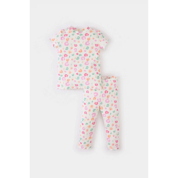 Defacto E5722 Ekru Kız Bebek 2li Takım Desenli Fitilli Kaşkorse Kısa Kollu Üst Tayt