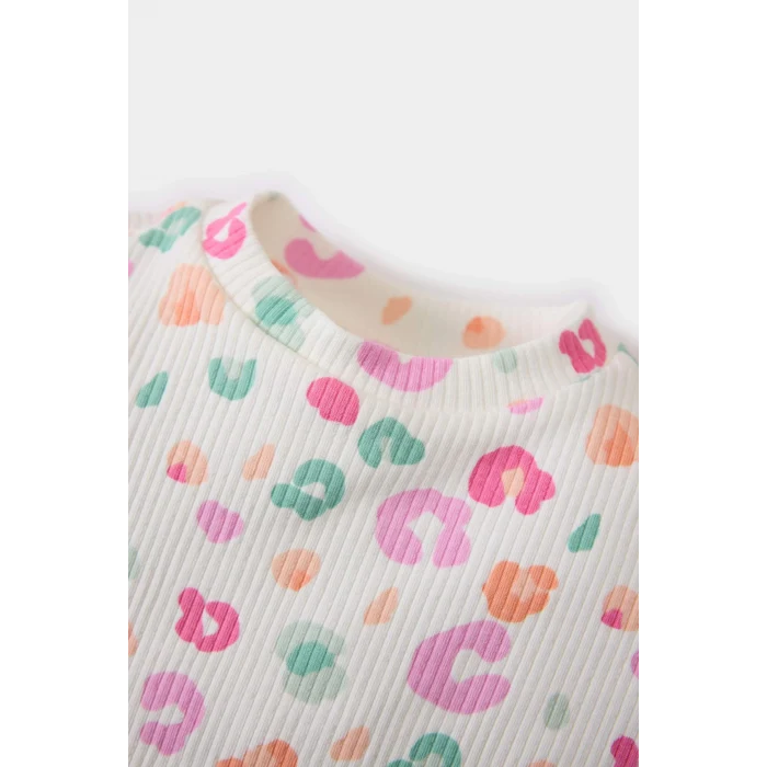 Defacto E5722 Ekru Kız Bebek 2li Takım Desenli Fitilli Kaşkorse Kısa Kollu Üst Tayt