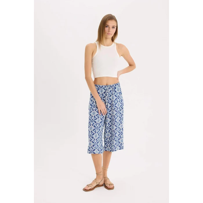 Defacto I6823 Lacivert Yüksek Esnek Belli Desenli Viskon Kapri