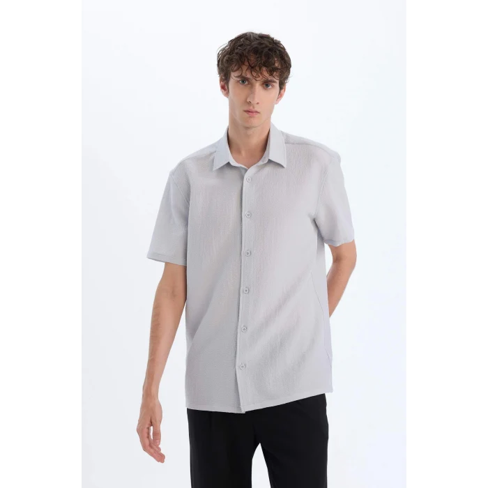 Defacto E1223 Gri Regular Fit Polo Yaka Krinkıl Yazlık Kısa Kollu Gömlek
