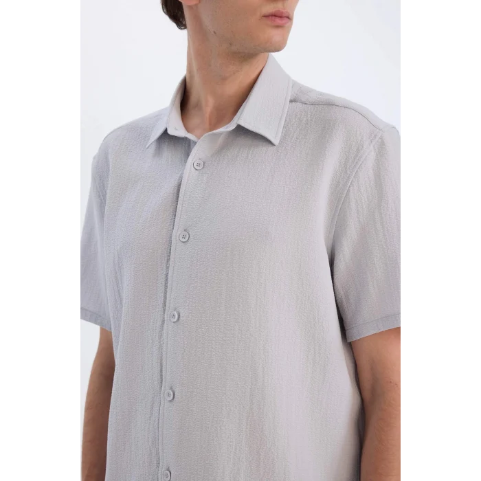 Defacto E1223 Gri Regular Fit Polo Yaka Krinkıl Yazlık Kısa Kollu Gömlek