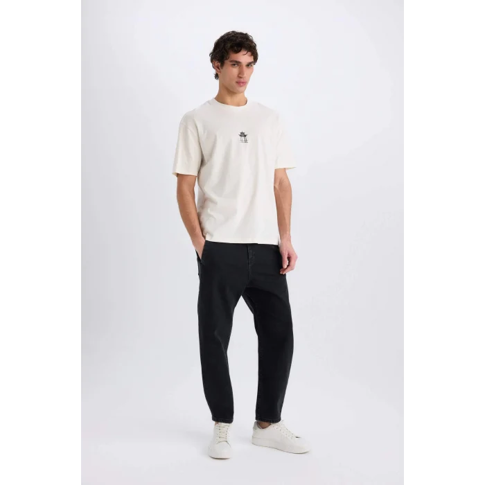 Defacto E0909 Ekru %100 Pamuk Boxy Fit Bisiklet Yaka Sırt Baskılı Kısa Kollu Tişört