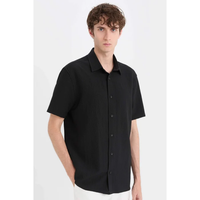 Defacto E1223 Siyah Regular Fit Polo Yaka Krinkıl Yazlık Kısa Kollu Siyah Gömlek